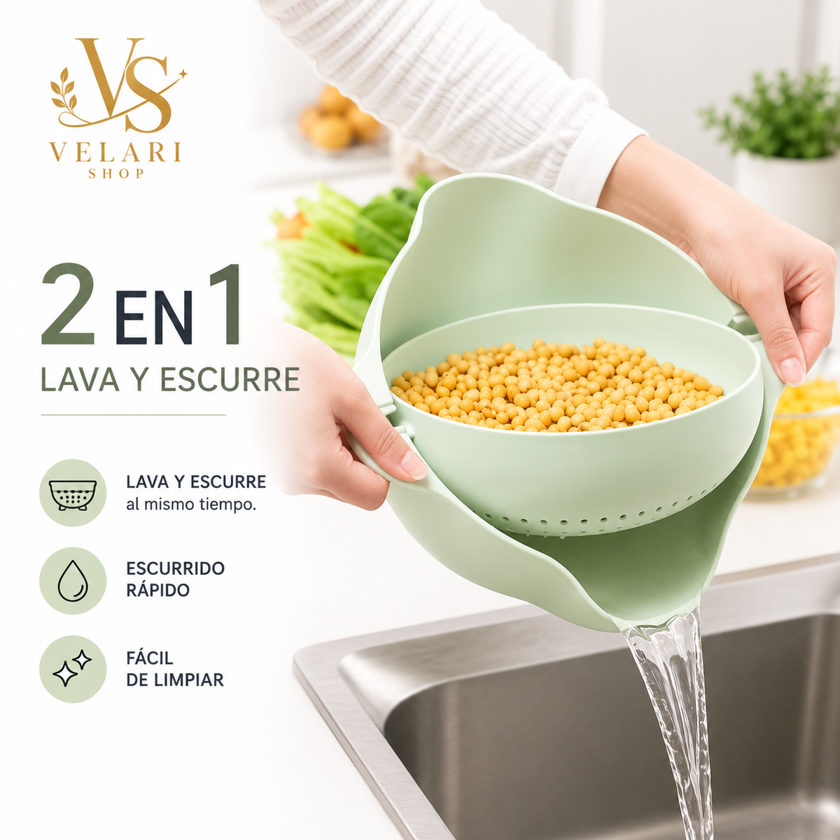 Colador Escurridor Giratorio Doble Capa para Cocina | Lava y Escurre Fácil