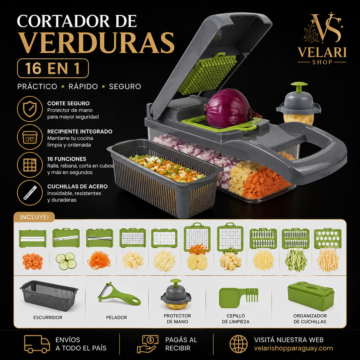 Cortador y Rallador de Verduras 16 en 1 | Multifuncional con Recipiente