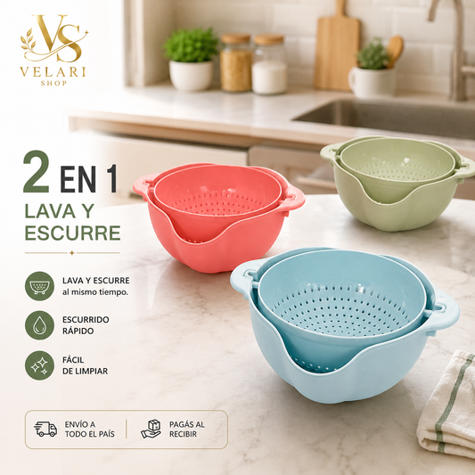 Colador Escurridor Giratorio Doble Capa para Cocina | Lava y Escurre Fácil