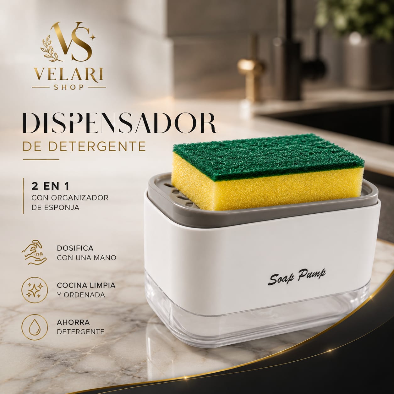 Dispensador de Detergente con Porta Esponja-Dosificador 2 en 1