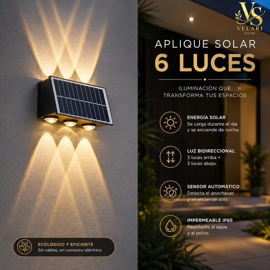 Aplique Solar LED Bidireccional 6 Luces – Luz Cálida y Blanca