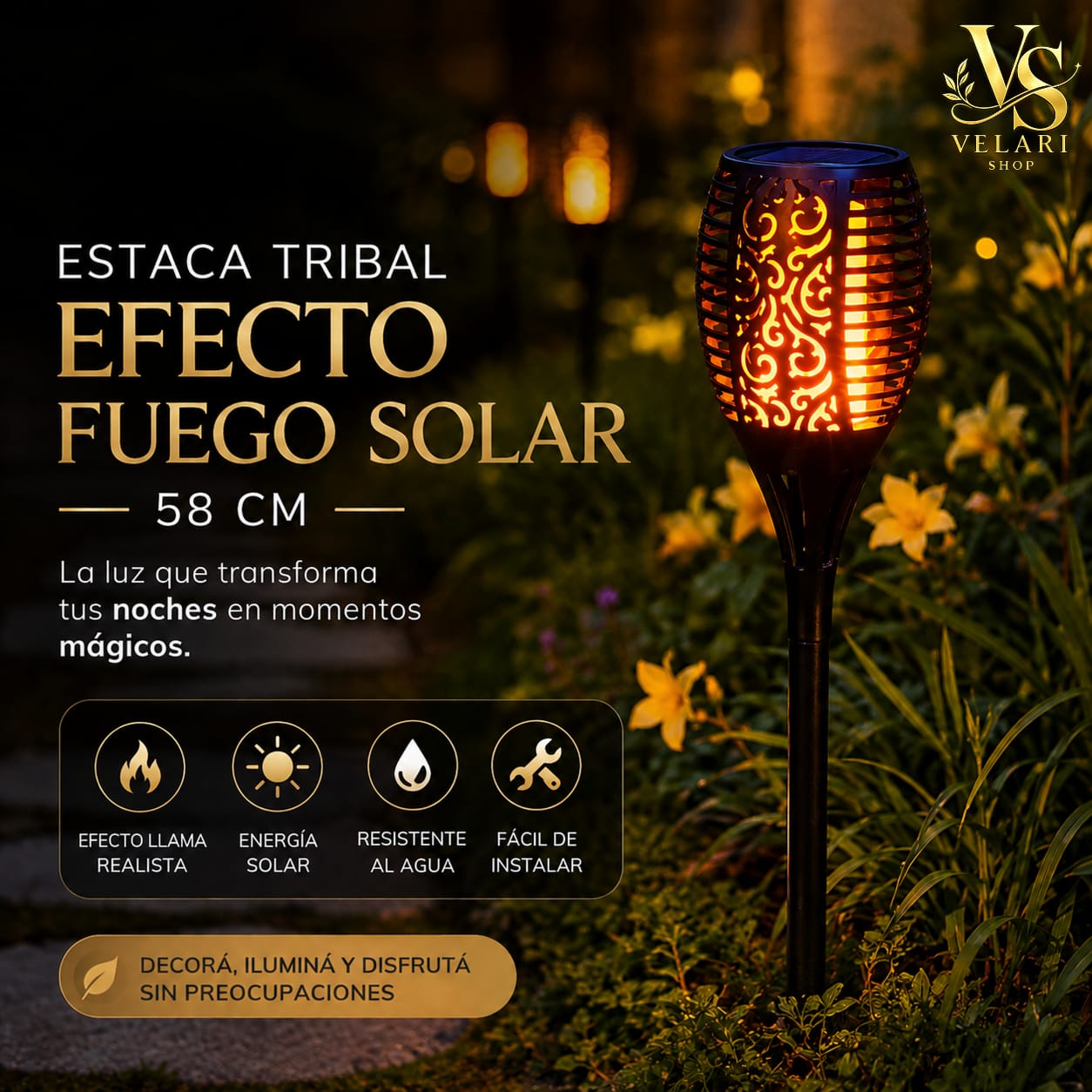 Estaca Antorcha Solar LED Efecto Fuego Realista 58 cm