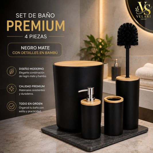 Set de Baño Premium 4 Piezas Negro Mate  y Blanco con Bambú