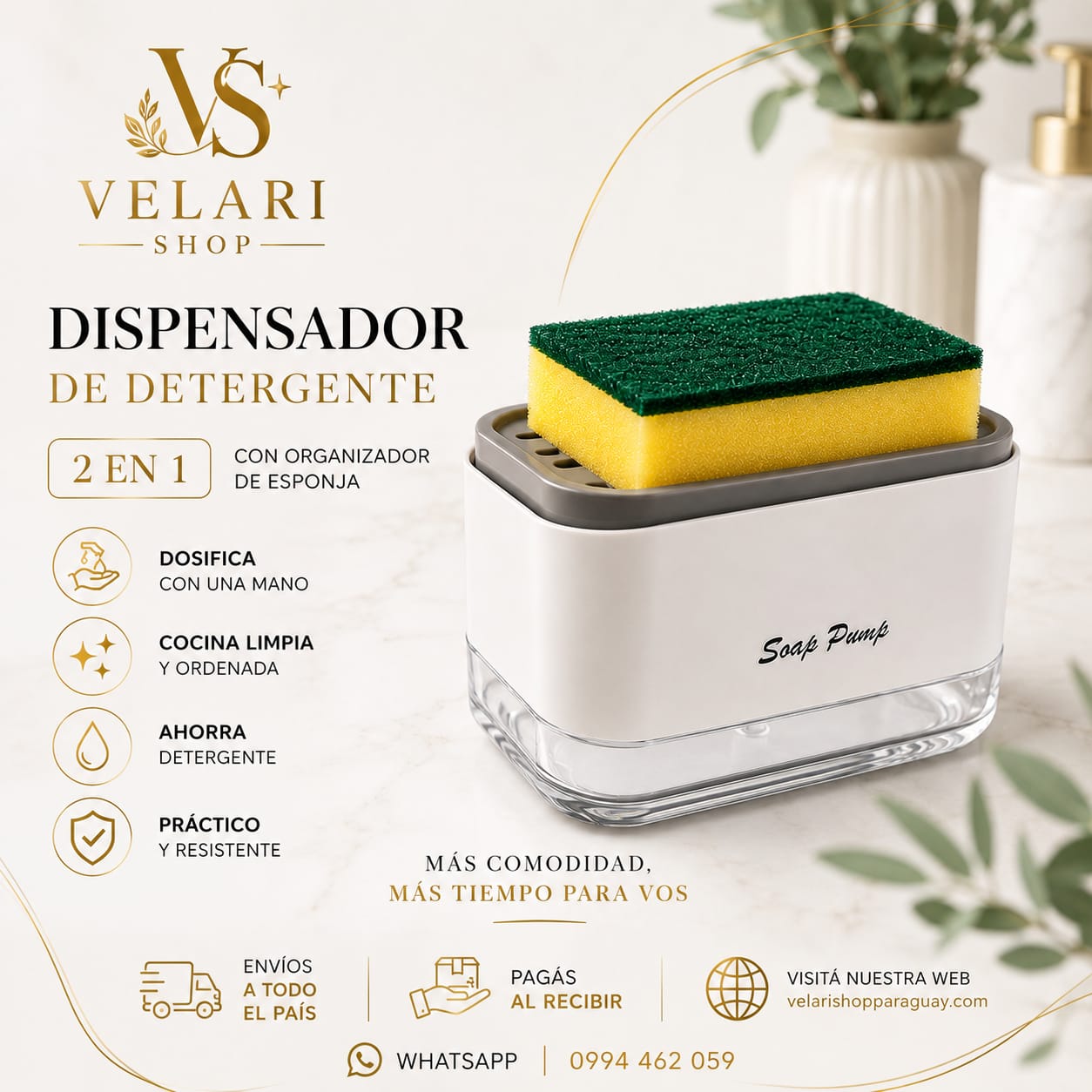 Dispensador de Detergente con Porta Esponja-Dosificador 2 en 1