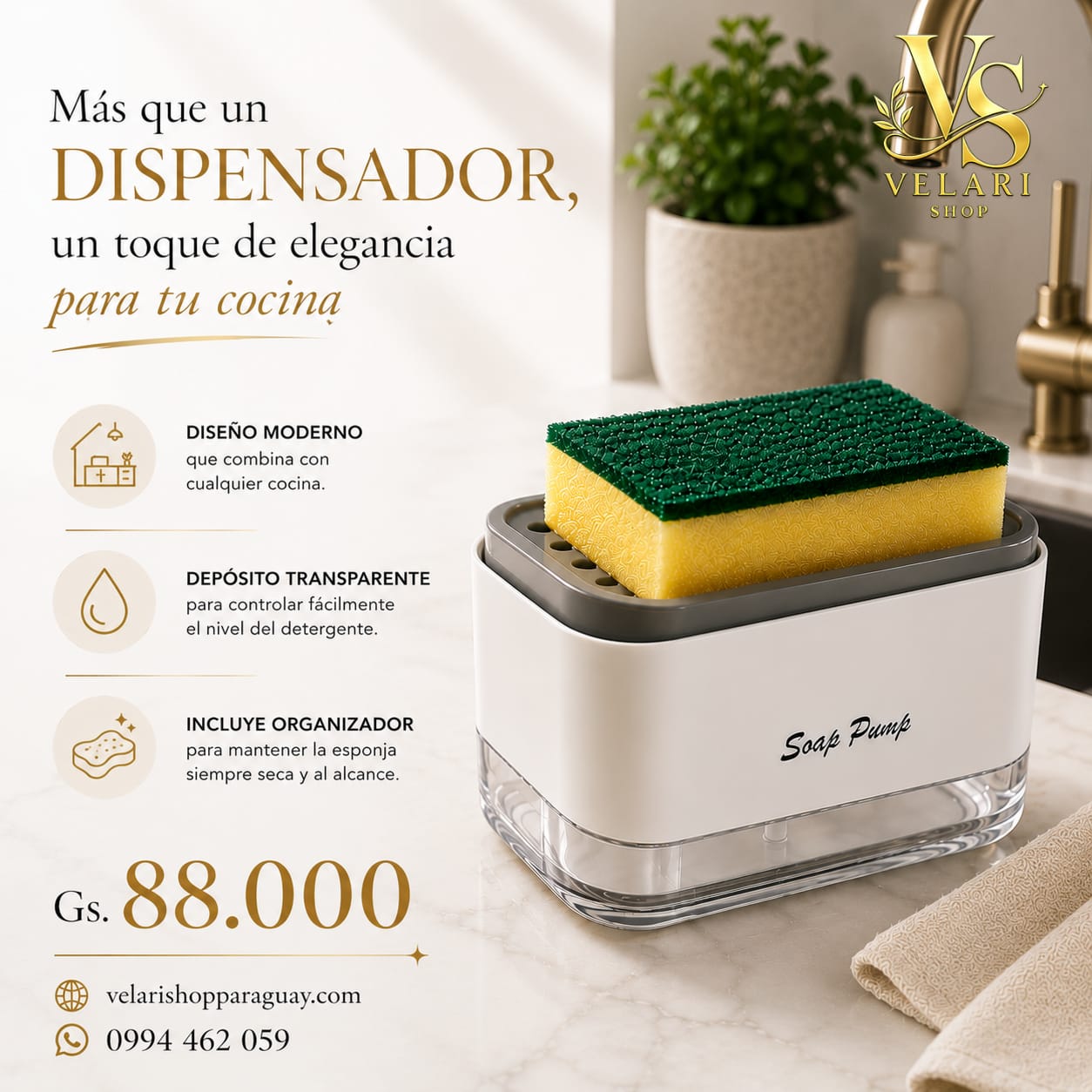 Dispensador de Detergente con Porta Esponja-Dosificador 2 en 1