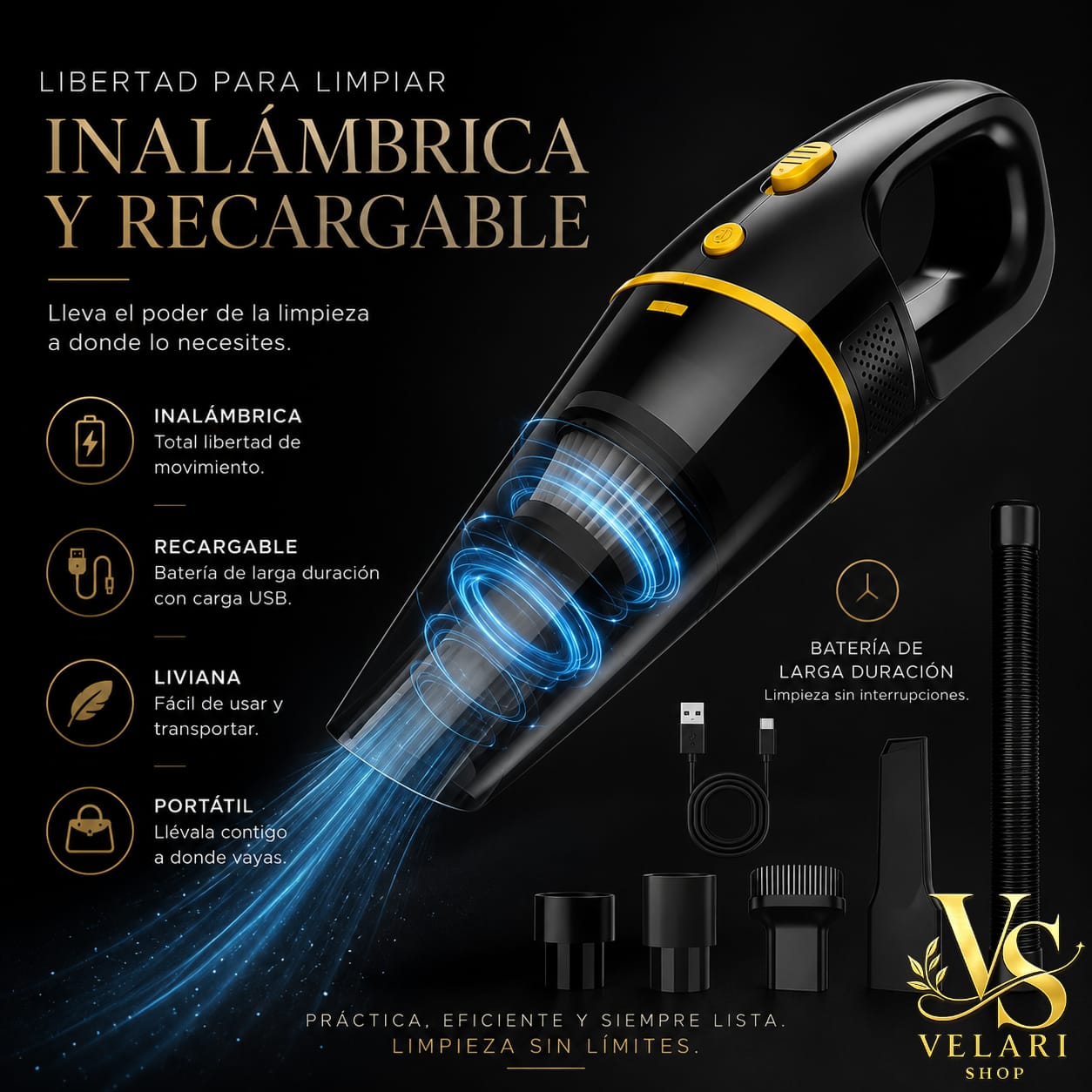 Aspiradora Portátil Inalámbrica 120W – Potente, Compacta y Recargable Descripción optimizada