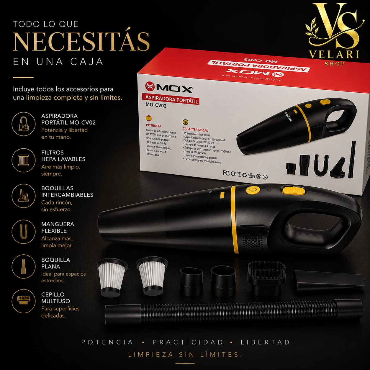 Aspiradora Portátil Inalámbrica 120W – Potente, Compacta y Recargable Descripción optimizada