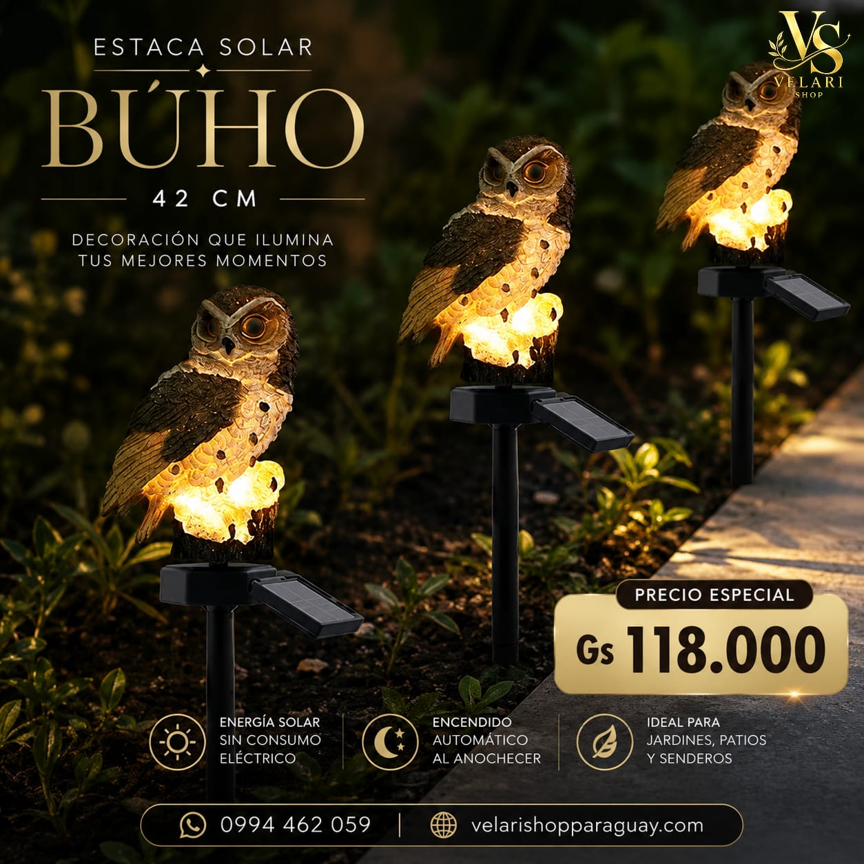 Estaca Solar Decorativa Búho LED 42 cm – Luz Automática