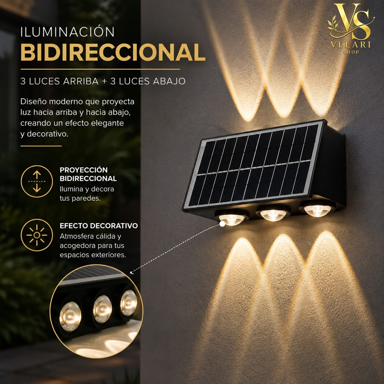 Aplique Solar LED Bidireccional 6 Luces – Luz Cálida y Blanca