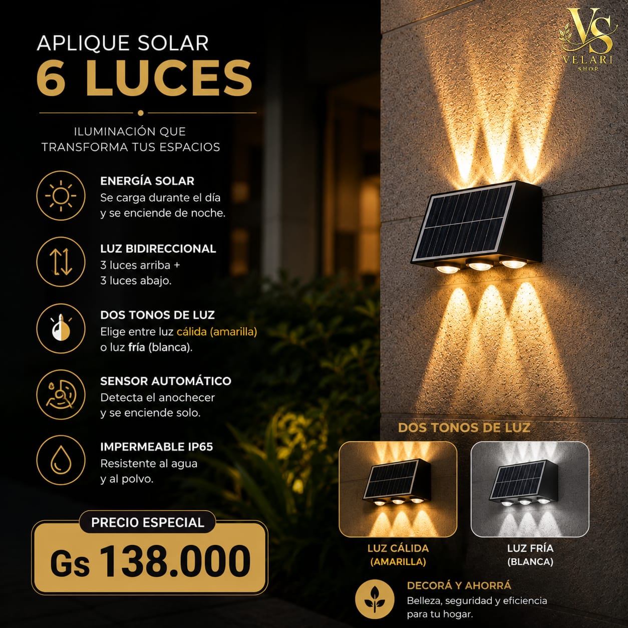 Aplique Solar LED Bidireccional 6 Luces – Luz Cálida y Blanca