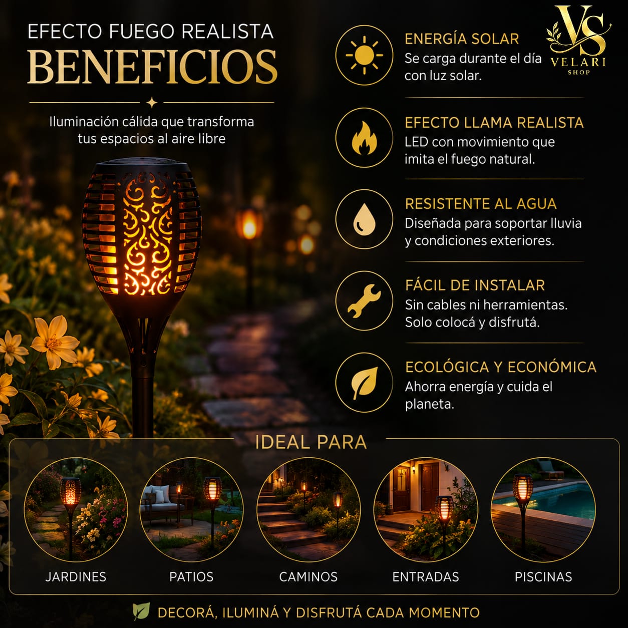 Estaca Antorcha Solar LED Efecto Fuego Realista 58 cm