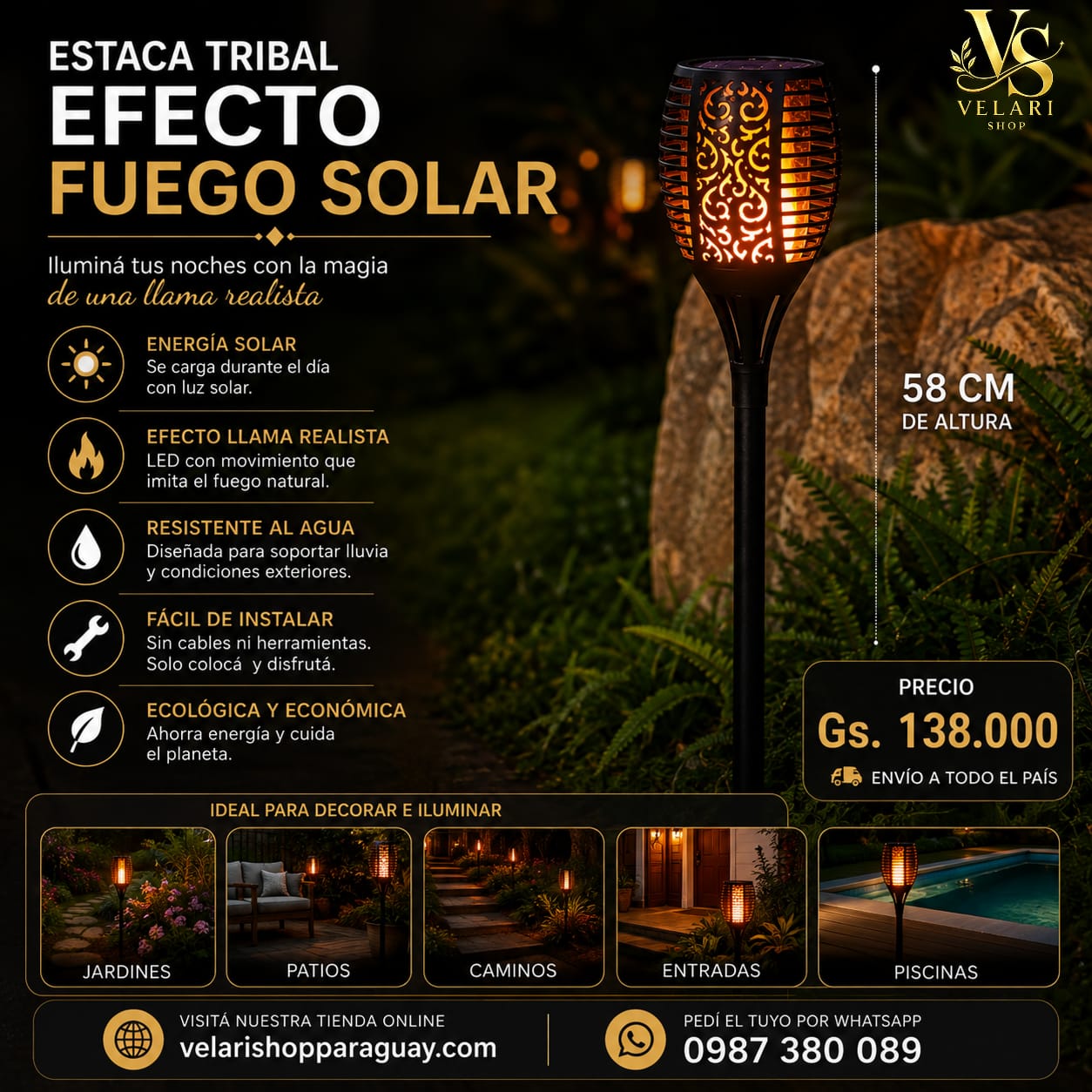 Estaca Antorcha Solar LED Efecto Fuego Realista 58 cm